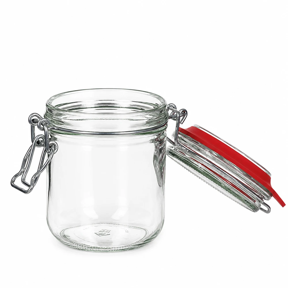 Barattolo da conservazione da 400 ml, tipo G, con chiusura a clip UN.. Barattolo in vetro trasparente da 400 ml con guarnizione in gomma rossa e chiusura a clip in metallo per una conservazione ermetica.
