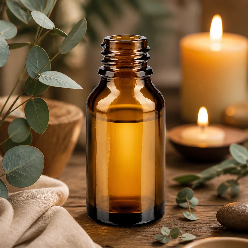 Flacone di vetro marrone da 15 ml ApoGlas vuoto su tavolo di legno con candele di eucalipto e asciugamano Ambiente aromaterapico