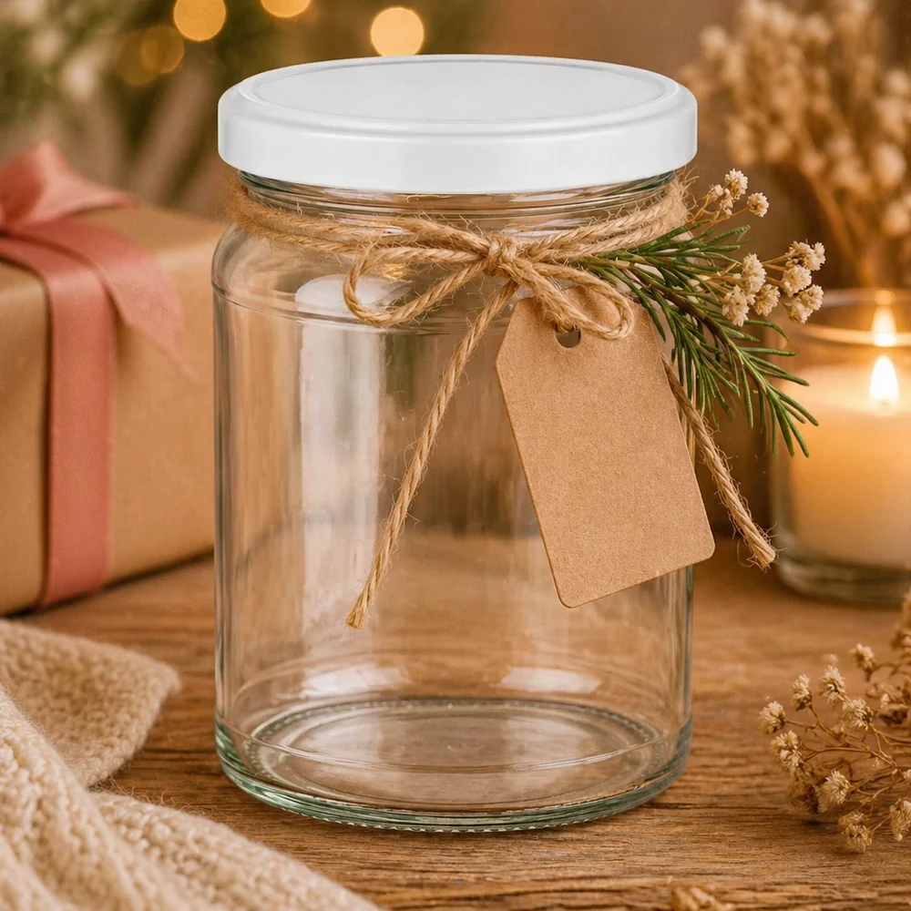 Barattolo rotondo da 205 ml con coperchio BasicSeal bianco UNiTWIST 205ml Rundglas mit weißem Deckel als Geschenkverpackung dekoriert mit Juteschnur und Geschenkanhänger