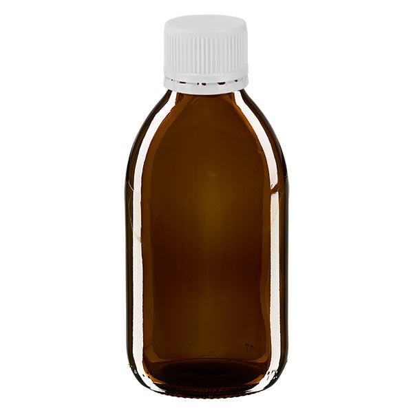 Flacone per medicinali da 250 ml marrone, tappo bianco con chiusura antimanomissione