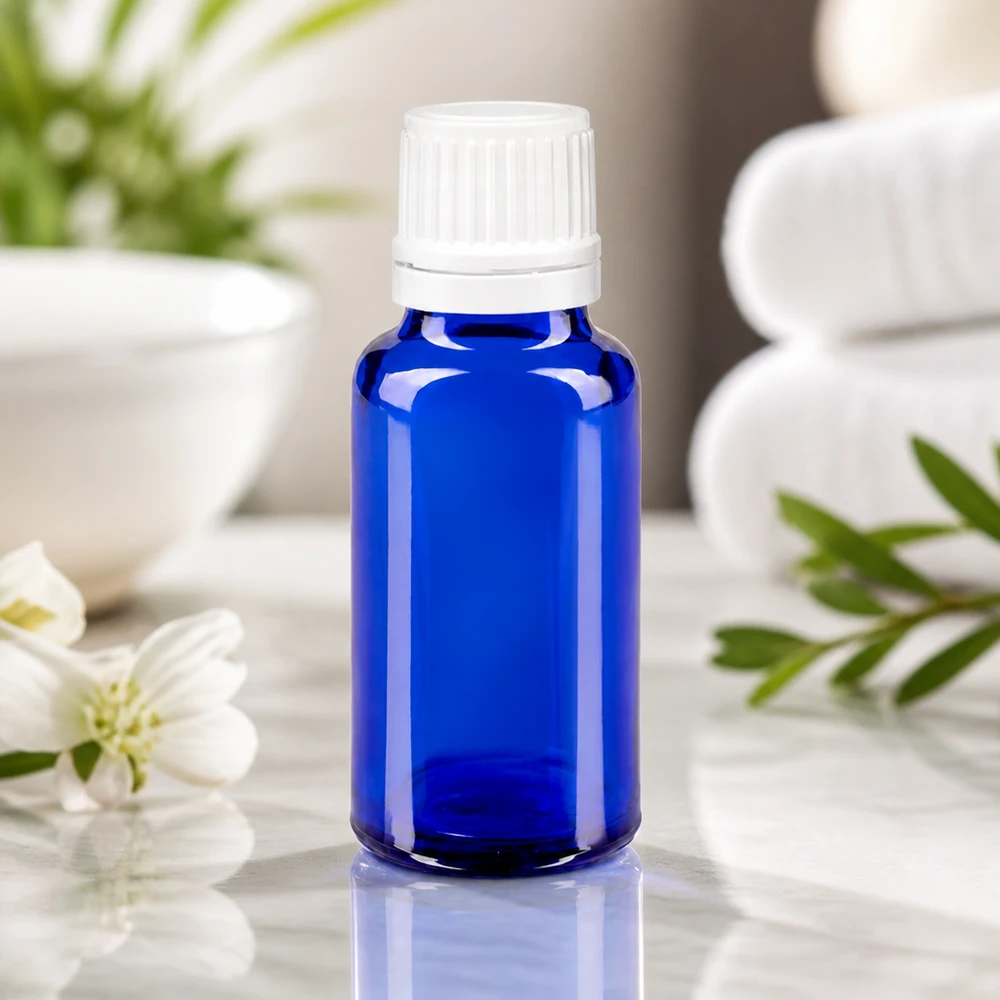 Flacone contagocce blu da 20ml OV bianco/0,7mm ApoGlas Piccolo flacone da 20 ml in vetro da farmacia blu con tappo bianco a prova di bambino e dosatore