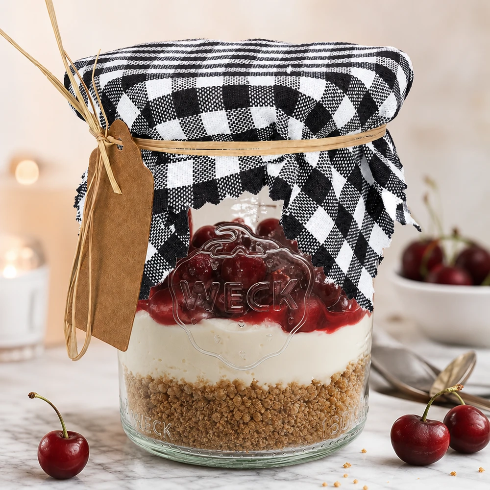 Centrino in tessuto a quadretti Vichy bianco e nero su vasetto da dessert con ciliegie, copri vasetto decorativo quadrato 12cm