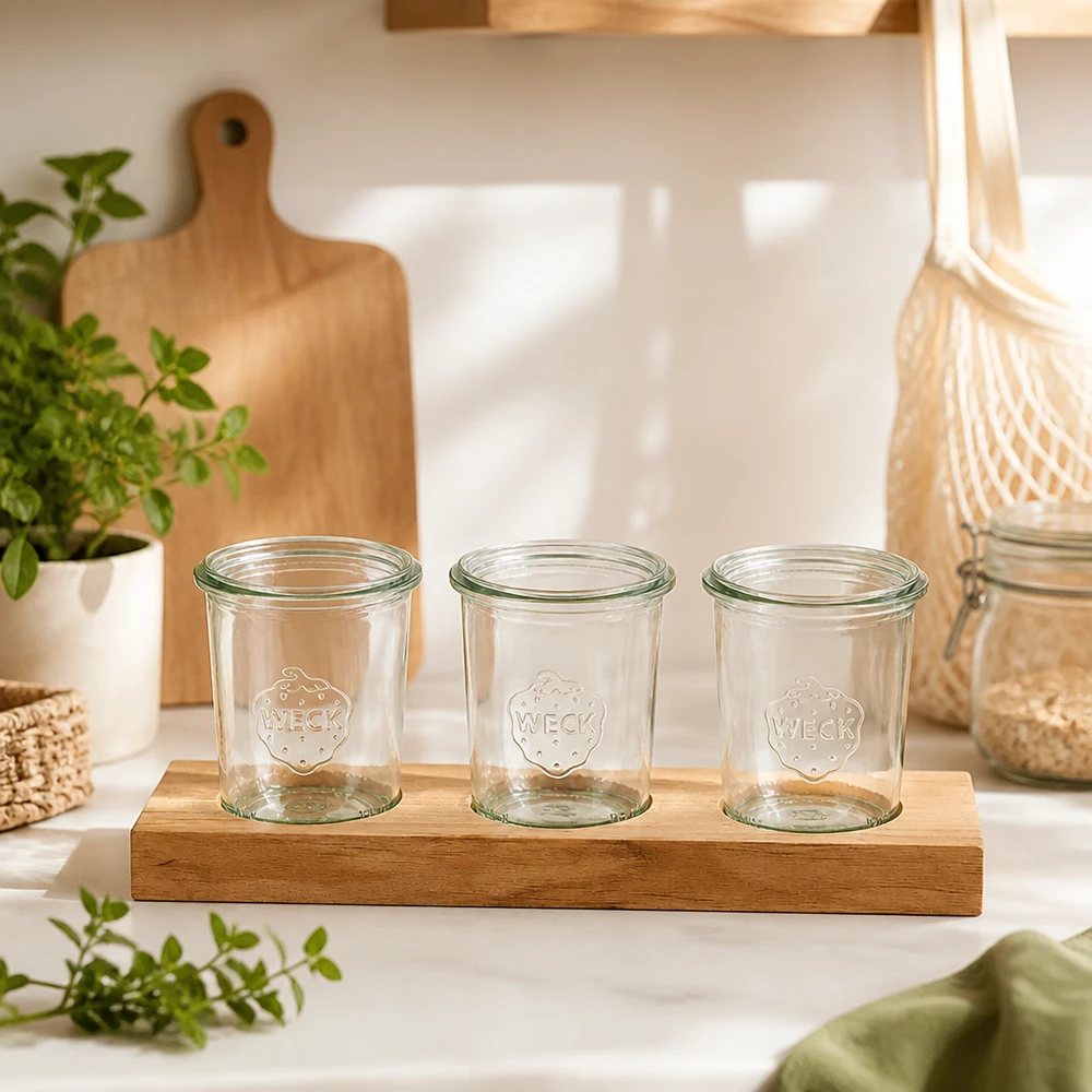 Tre tumbler Weck da 160 ml vuoti su tagliere di bambù Plano3 in una cucina scandinava decorata con piante