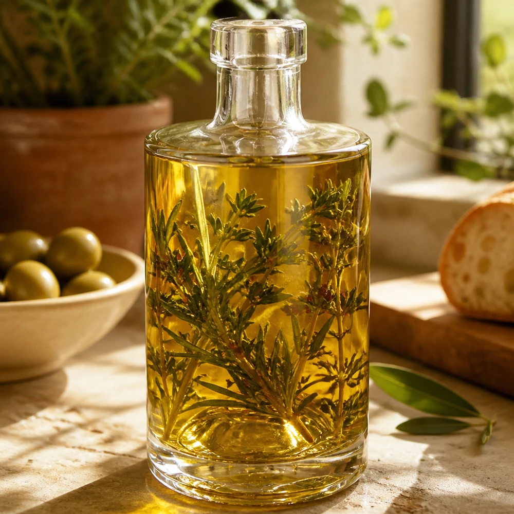 Bottiglia in vetro da 350 ml Marie senza tappo UNiTWIST® 350ml bottiglia di vetro Marie riempito con olio di erbe rametti di rosmarino applicazione decorativa esempio cucina Immagine 2 di 10