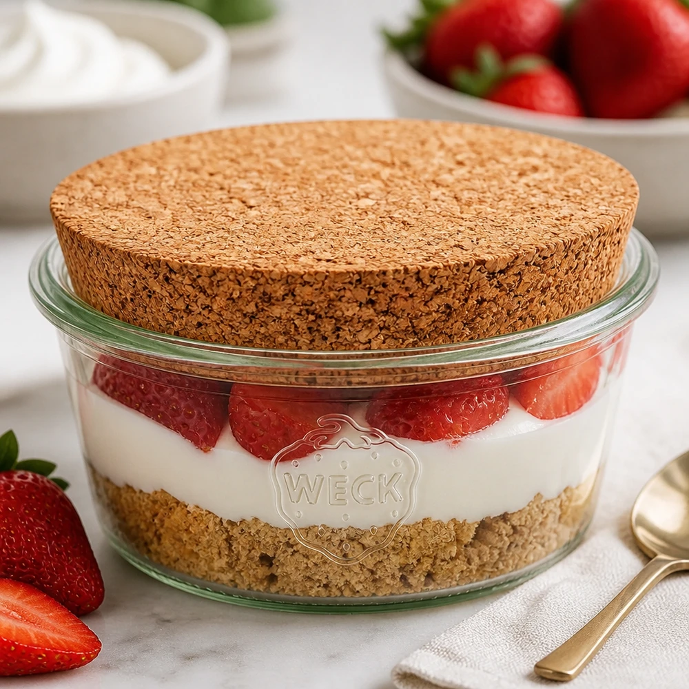 Vaso basso da 290 ml WECK RR100 con sughero naturale WECK tumbler 290ml RR100 con tappo naturale come vaso da dessert a strati per tiramisù con fragole