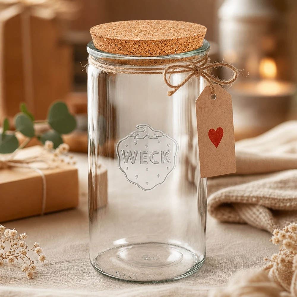 Vaso cilindrico da 1590 ml WECK RR100 con tappo in sughero naturale Vaso per conserve WECK 1590ml RR100 con coperchio in sughero e targhetta regalo decorata con tessuti e fiori