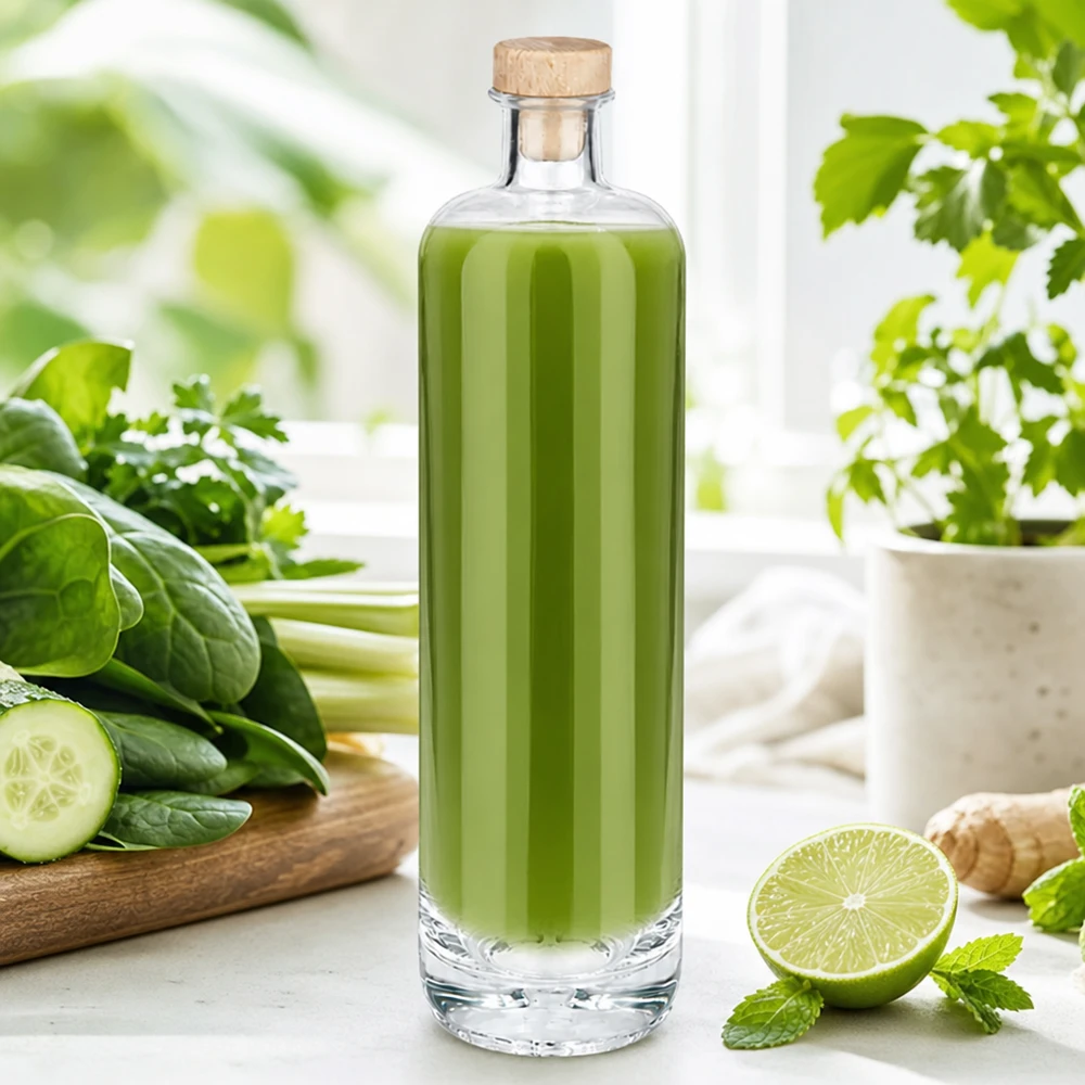 Bottiglia in vetro da 700 ml Ella con tappo in sughero con impugnatura in legno UNiTWIST® Bottiglia di vetro da 700 ml di Ella riempita con frullato verde e tappo di legno tra cetrioli freschi, lime ed erbe aromatiche