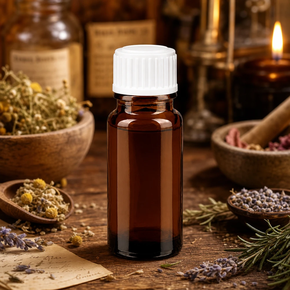 Flacone da farmacia marrone da 10 ml con tappo bianco standard su un tavolino di legno con erbe aromatiche e rosmarino