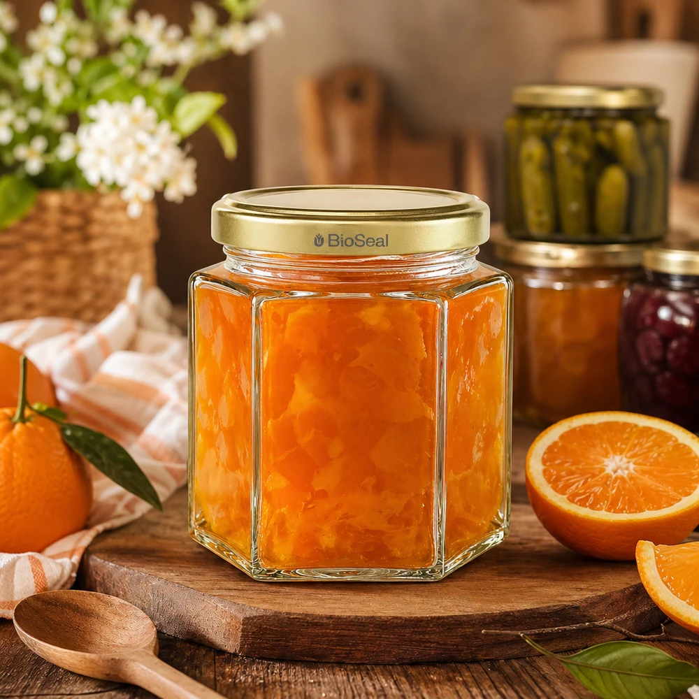 Vasetto per miele da 520 g con capsula dorata BioSeal UNiTWIST BioSeal 520g barattolo di miele esagonale con marmellata di arance su tavola di legno circondata da arance fresche e decorazioni da cucina