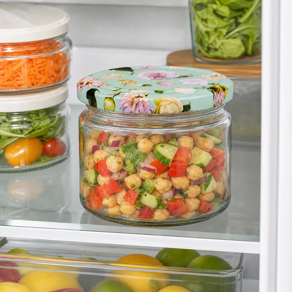 Insalata di ceci in barattolo rotondo da 330 ml con coperchio BasicSeal contenitore per la preparazione dei pasti in frigo alla menta.