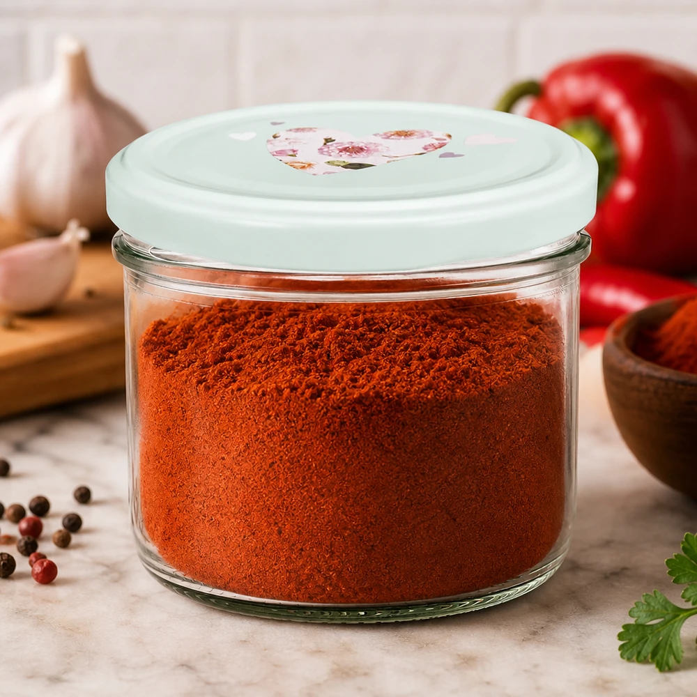 Barattolo cilindrico da 230 ml + coperchio BasicSeal cuore menta 230ml Zylinderglas mit mint BasicSeal Deckel gefüllt mit Paprikapulver, ideal für Gewürzaufbewahrung in der Küche