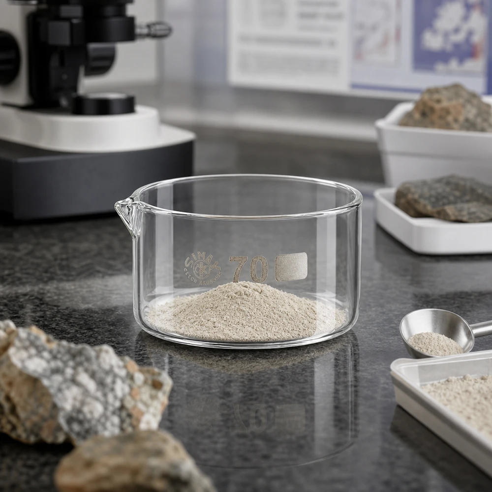 Cristallizzatore da 100 ml con beccuccio Bo.. ø70mm Vaschetta di cristallizzazione da 100 ml contenente polvere minerale finissima su un piano di lavoro grigio da laboratorio, accanto a campioni di roccia