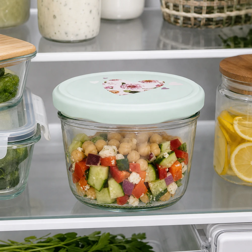Bicchieri da 230 ml + coperchio BasicSeal cuore menta UNiTWIST 230ml Sturzglas mit Herz-Deckel mint im Kühlschrank, Salat mit Kichererbsen frisch gelagert, praktische Meal-Prep