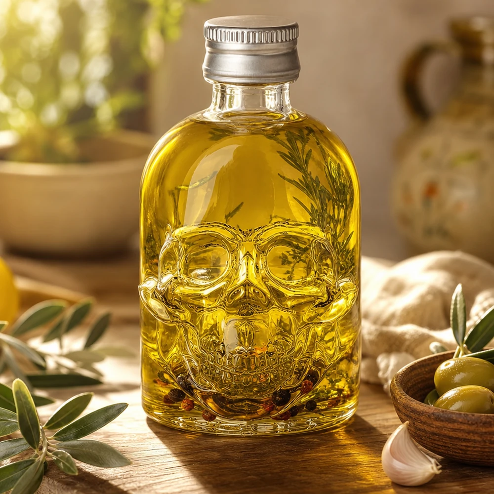 Bottiglia di vetro da 50 ml di Hector riempita con olio d'oliva ed erbe aromatiche insieme a olive e aglio nella cucina mediterranea