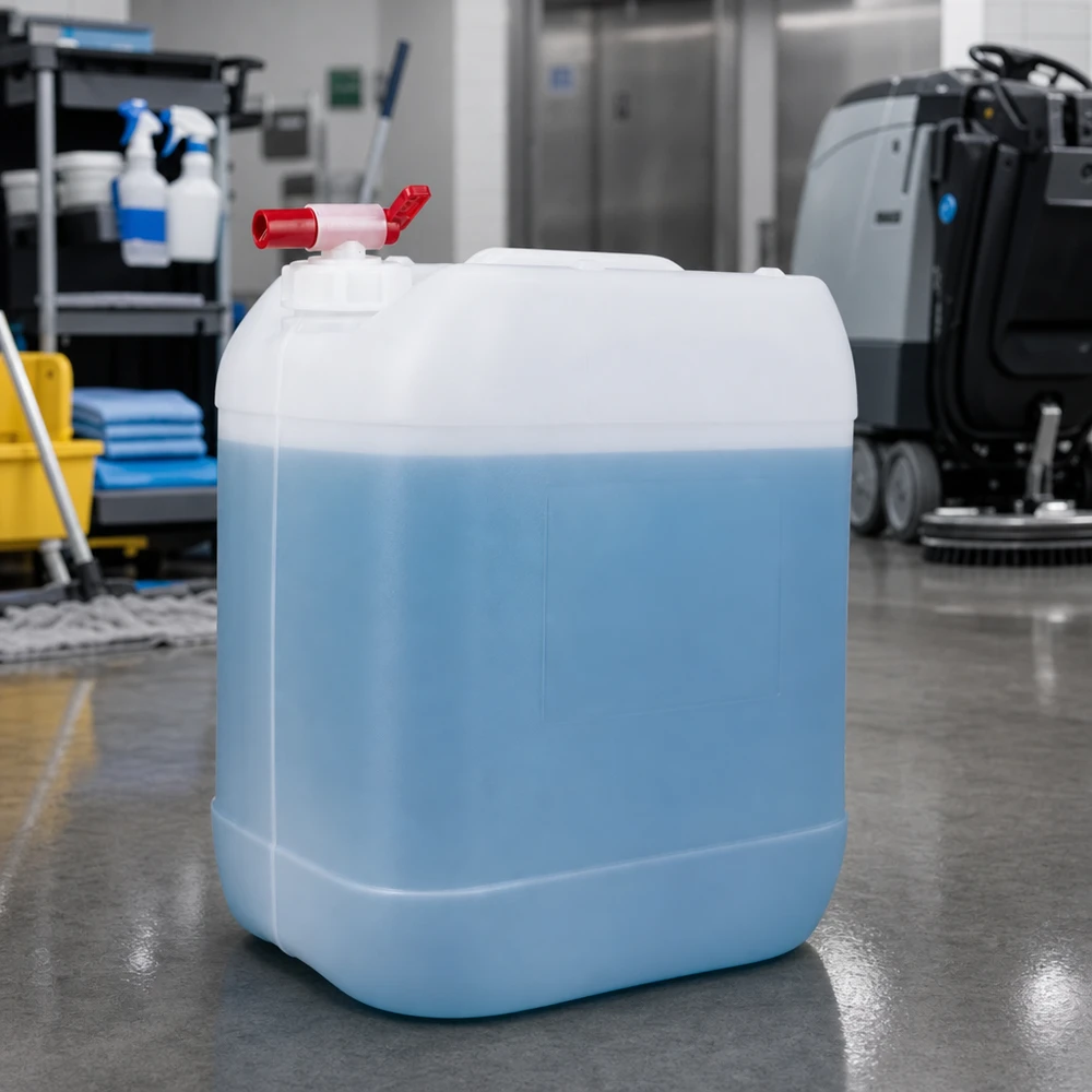 Tanica da 20 litri con rubinetto di scarico Tanica blu da 20 litri per detergenti con rubinetto rosso su base in resina epossidica