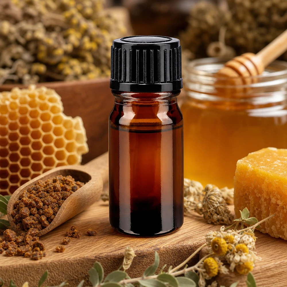 Flacone di vetro da 5 ml color ambra con tappo nero, tra favi e cera d’api