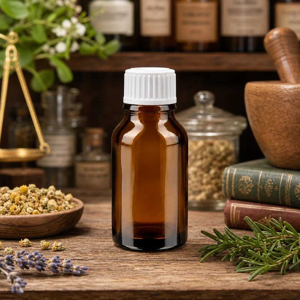 Flacone da farmacia color ambra da 15 ml con tappo a vite bianco, circondato da erbe essiccate