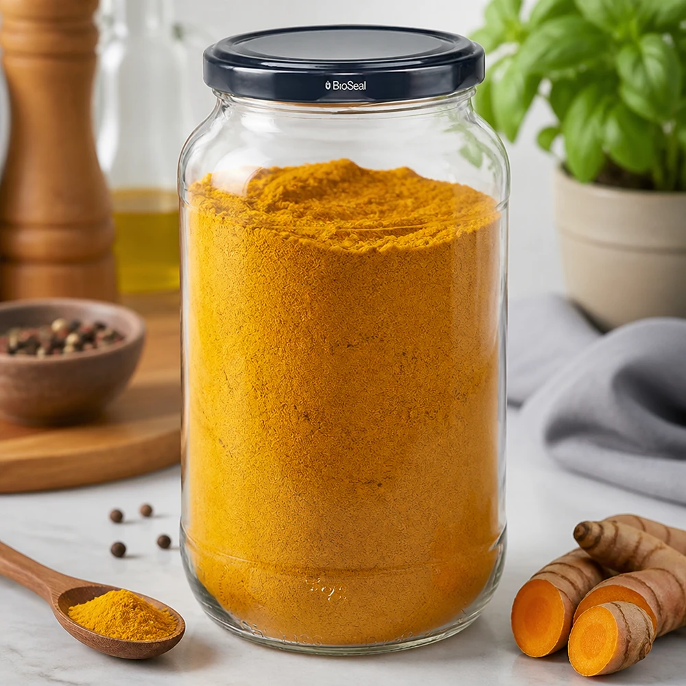 UNiTWIST Runda1062 con coperchio nero. Coperchio. TO82 BioSeal UNiTWIST barattolo rotondo 1062 riempito di curcuma in polvere nera TO82 BioSeal coperchio barattolo per conservazione spezie
