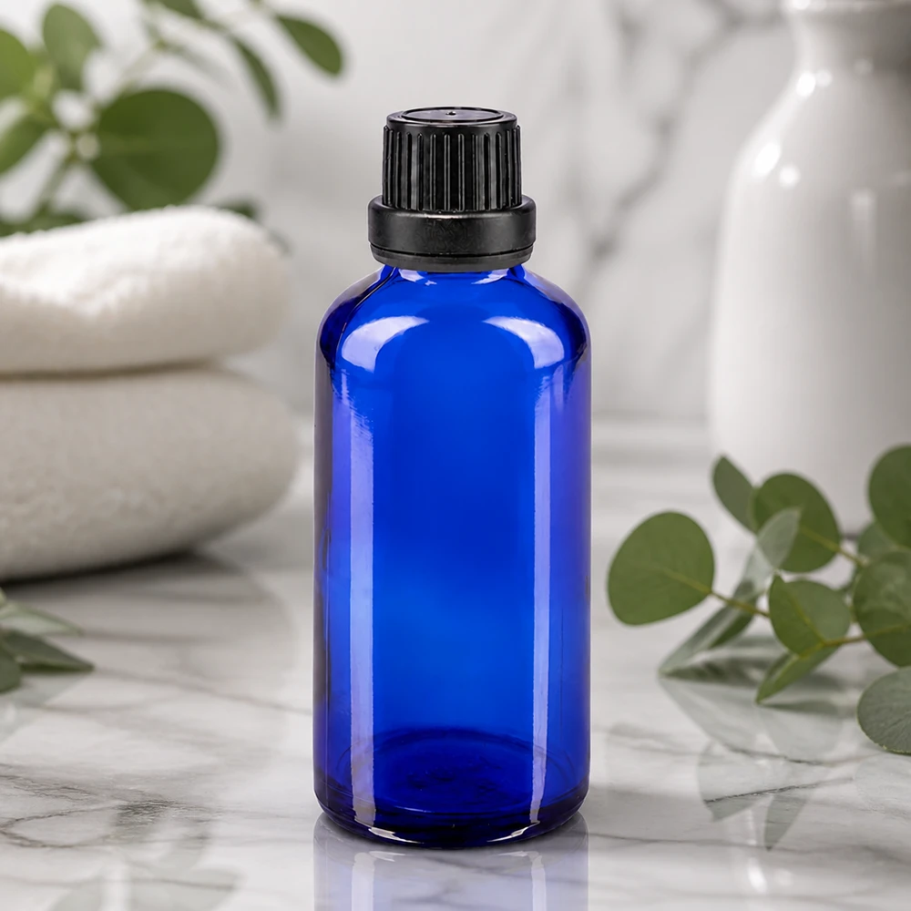 Bottiglia da farmacia blu da 50ml. SV OV nero/11mm ApoGlas Flacone di vetro blu da 50 ml con tappo nero a prova di bambino su fondo di marmo bianco