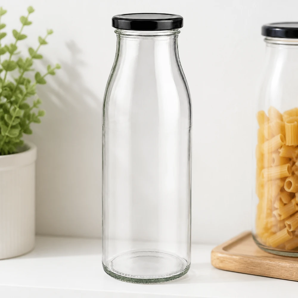 Bottiglia di vetro da 500 ml + coperchio BasicSeal nero UN... Bottiglia in vetro trasparente da 500 ml vuota con coperchio nero BasicSeal in un elegante design da cucina con pasta ed erbe aromatiche
