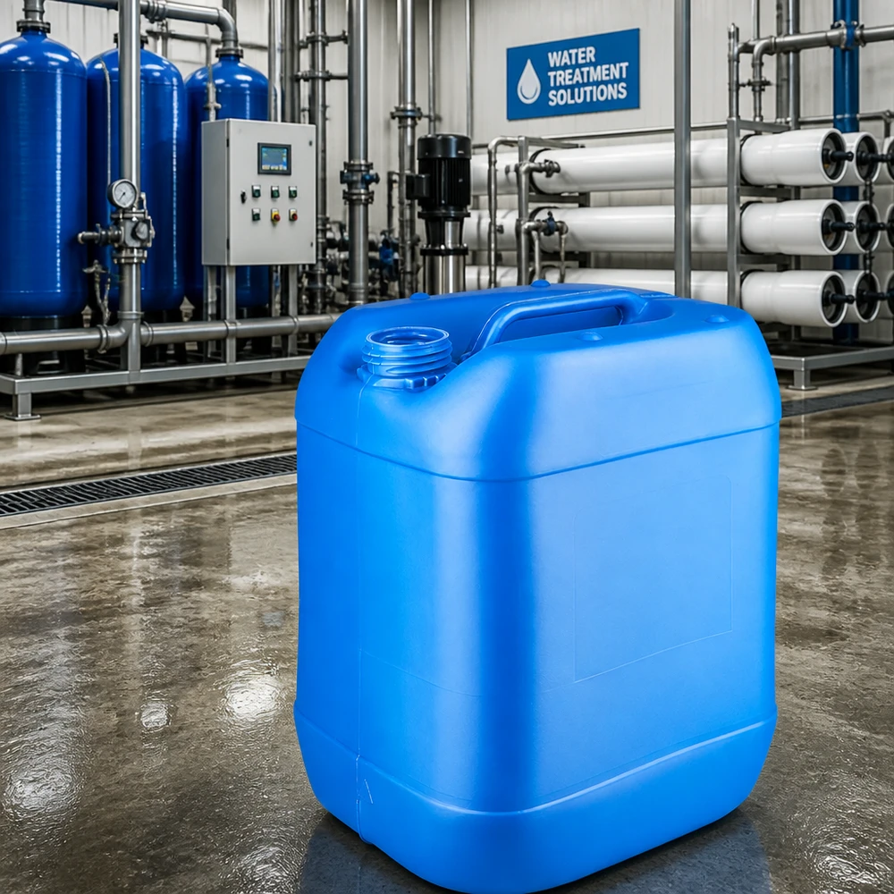 Tanica blu da 20 litri senza tappo in un impianto di trattamento dell'acqua