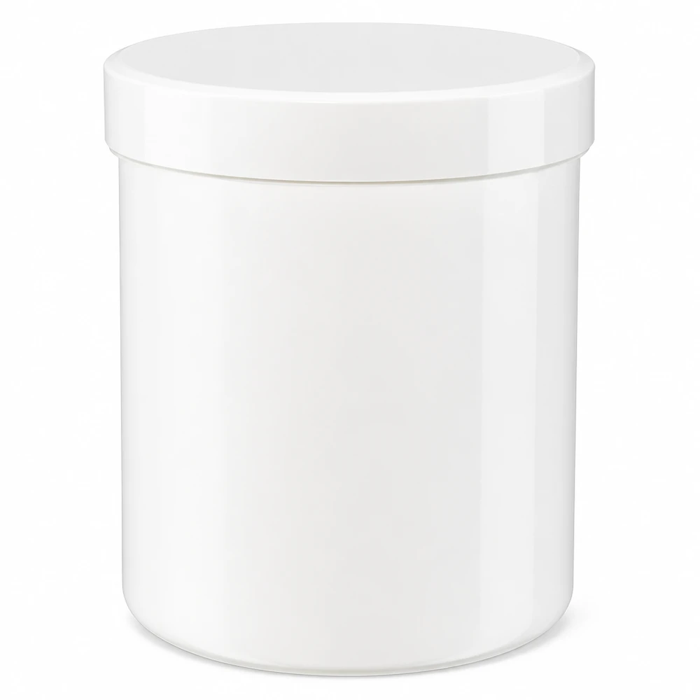 Vasetto bianco in PP da 250 ml con coperchio a vite, ideale per farmacie e cosmetici