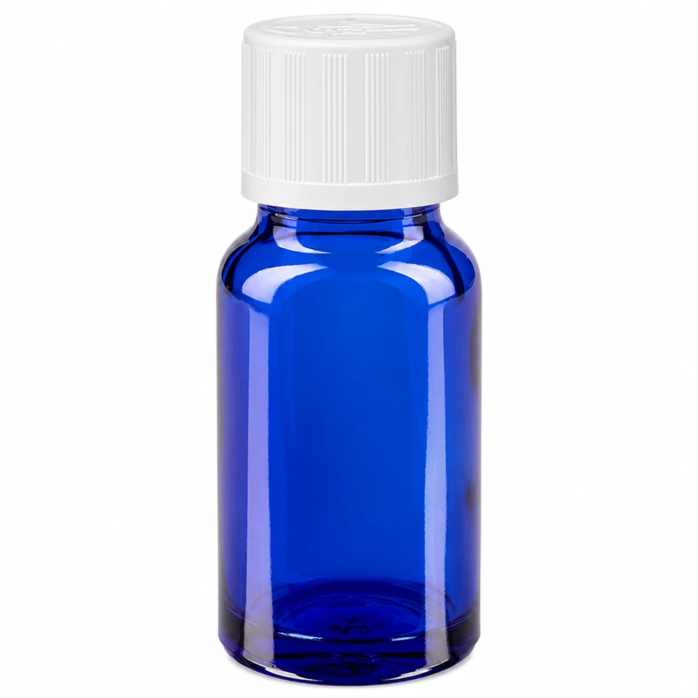 Flacone da farmacia in vetro blu da 10 ml con tappo di sicurezza per bambini bianco e contagocce da 1,2 mm