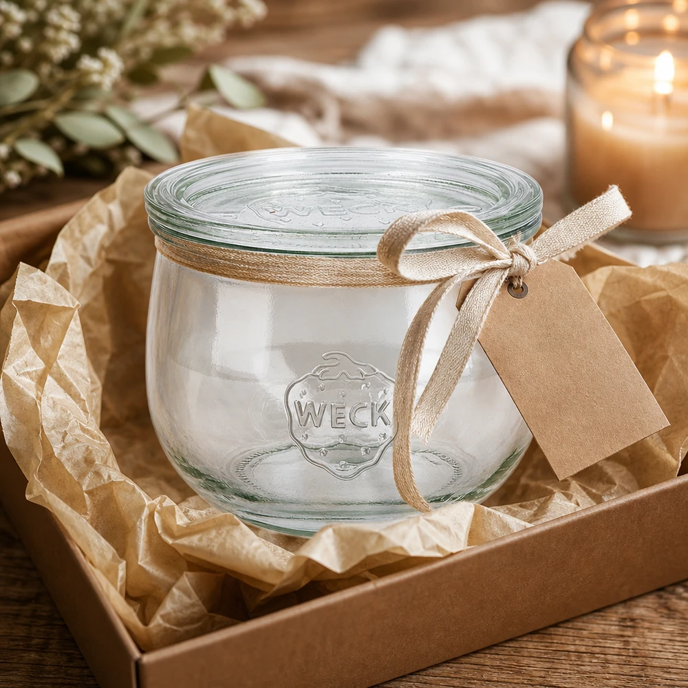 Barattolo a tulipano da 580 ml con coperchio in vetro WECK RR100 Vaso WECK tulipano 580ml RR100 come idea regalo presentato in una scatola con fiocco decorativo ed etichetta