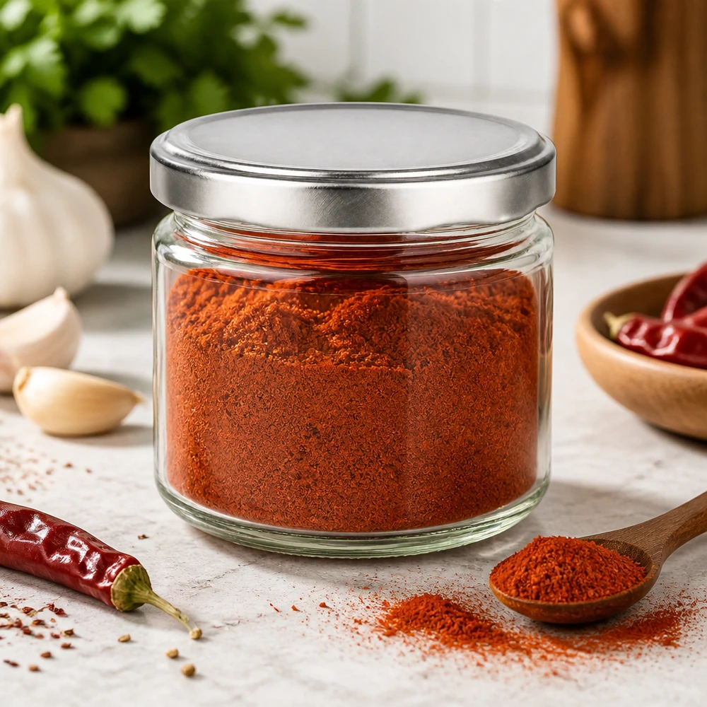 Barattolo rotondo da 330 ml con coperchio BasicSeal argento UN.. Barattolo rotondo da 330 ml con coperchio BasicSeal riempito di paprika in polvere in cucina ambiente contenitore per spezie barattolo di stoccaggio