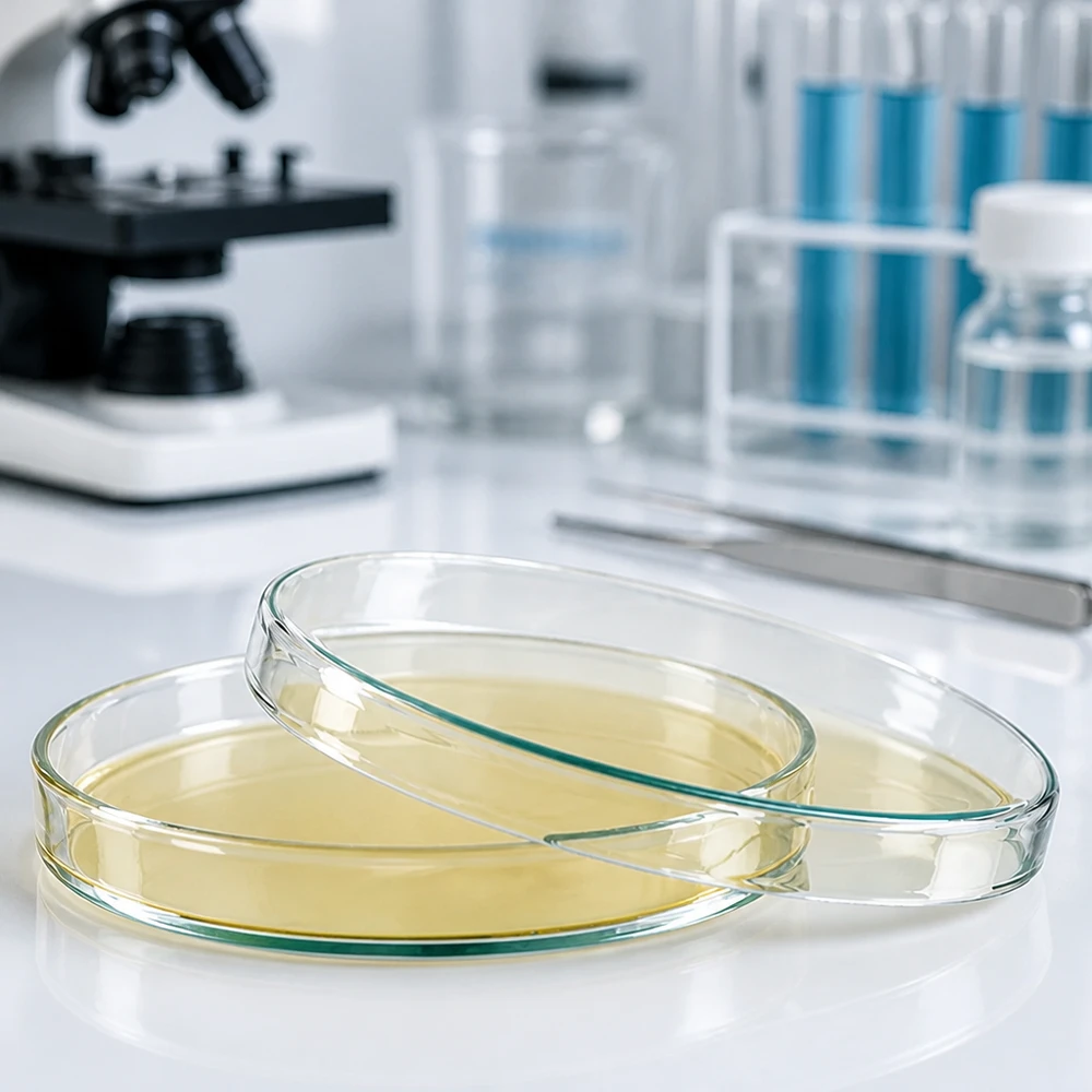 Piastra Petri 120x20 mm in vetro Piastra di Petri da 120x20 mm in vetro borosilicato trasparente con agar nutriente giallo nel laboratorio di microbiologia