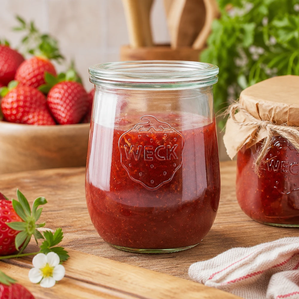 Vaso da conserva WECK da 1062 ml pieno di marmellata di fragole su tavola di legno accanto a fragole fresche e telo da cucina