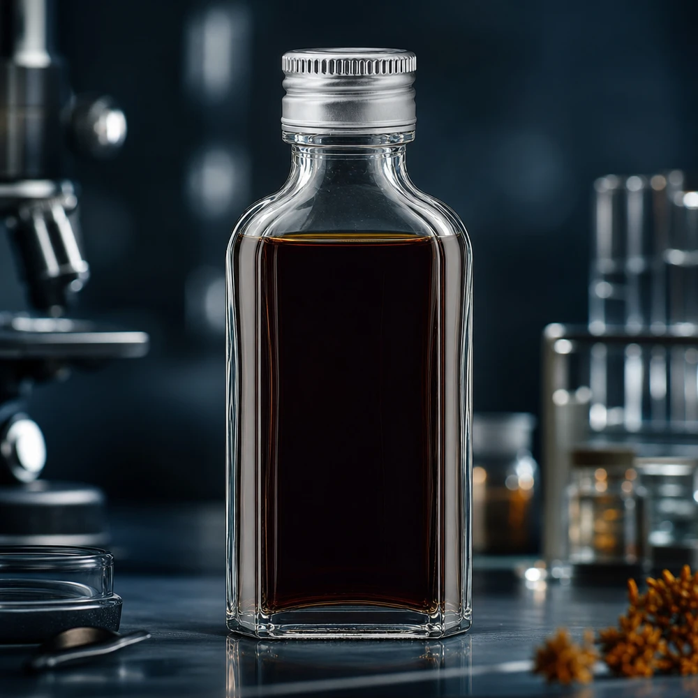 Piccolo flacone di vetro Meplat da 50 ml con contenuto scuro e tappo a vite in alluminio argentato PP22 in laboratorio