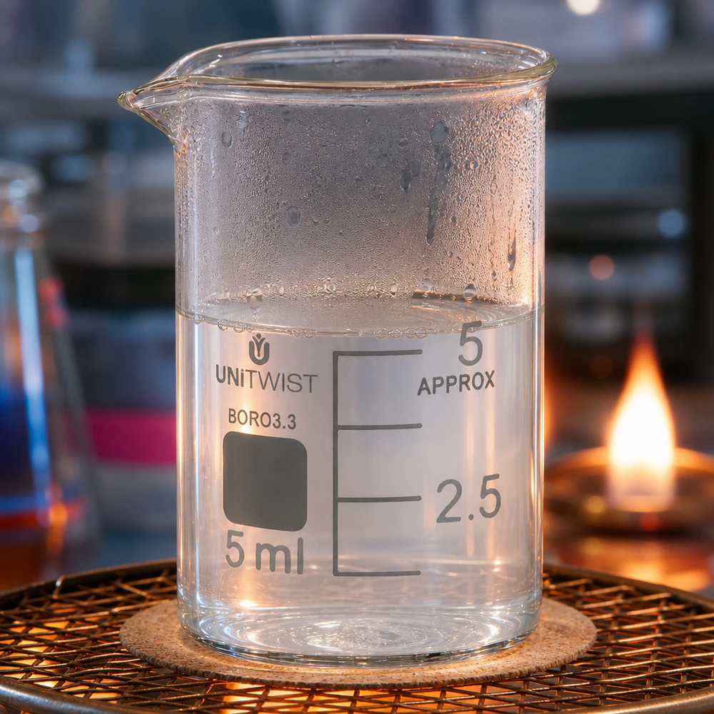 Bicchiere da laboratorio UNiTWIST da 5 ml in vetro borosilicato, di forma bassa, posto su una rete metallica e riscaldato sopra un becco Bunsen