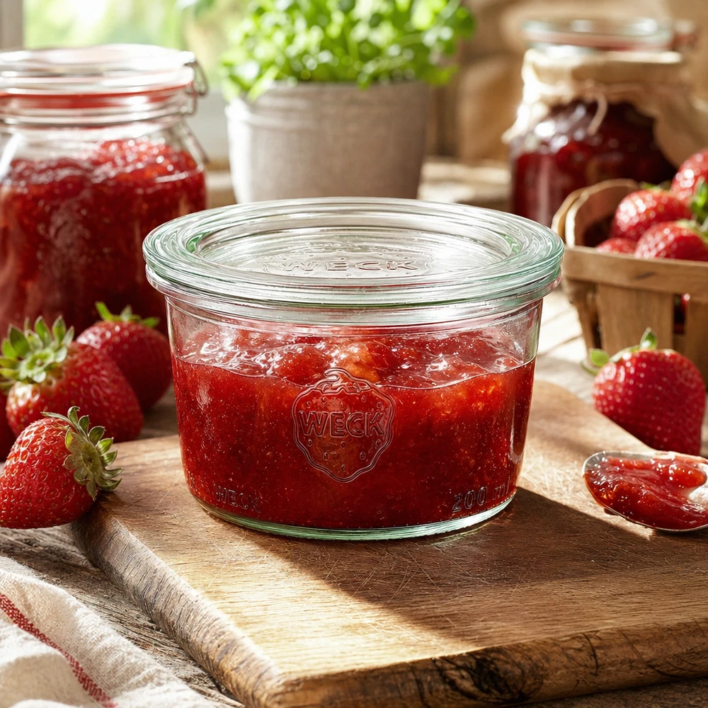 WECK 200ml RR80 mason jar riempito con marmellata di fragole fatta in casa su una tavola di legno con fragole fresche