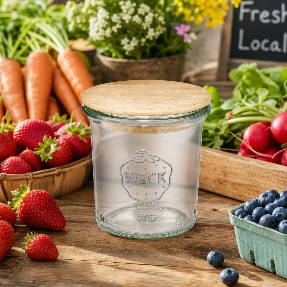 WECK tumbler 140ml RR60 con coperchio in legno circondato da frutta e verdura fresca su tavolo in legno atmosfera da mercato contadino