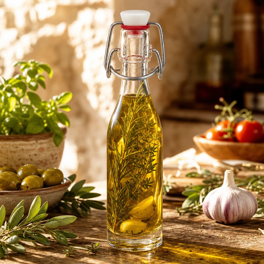 Bottiglia in vetro da 50 ml + tappo girevole in PVC UNiTWIST Bottiglia di vetro da 50 ml con tappo girevole riempita con olio alle erbe insieme a olive, aglio ed erbe fresche