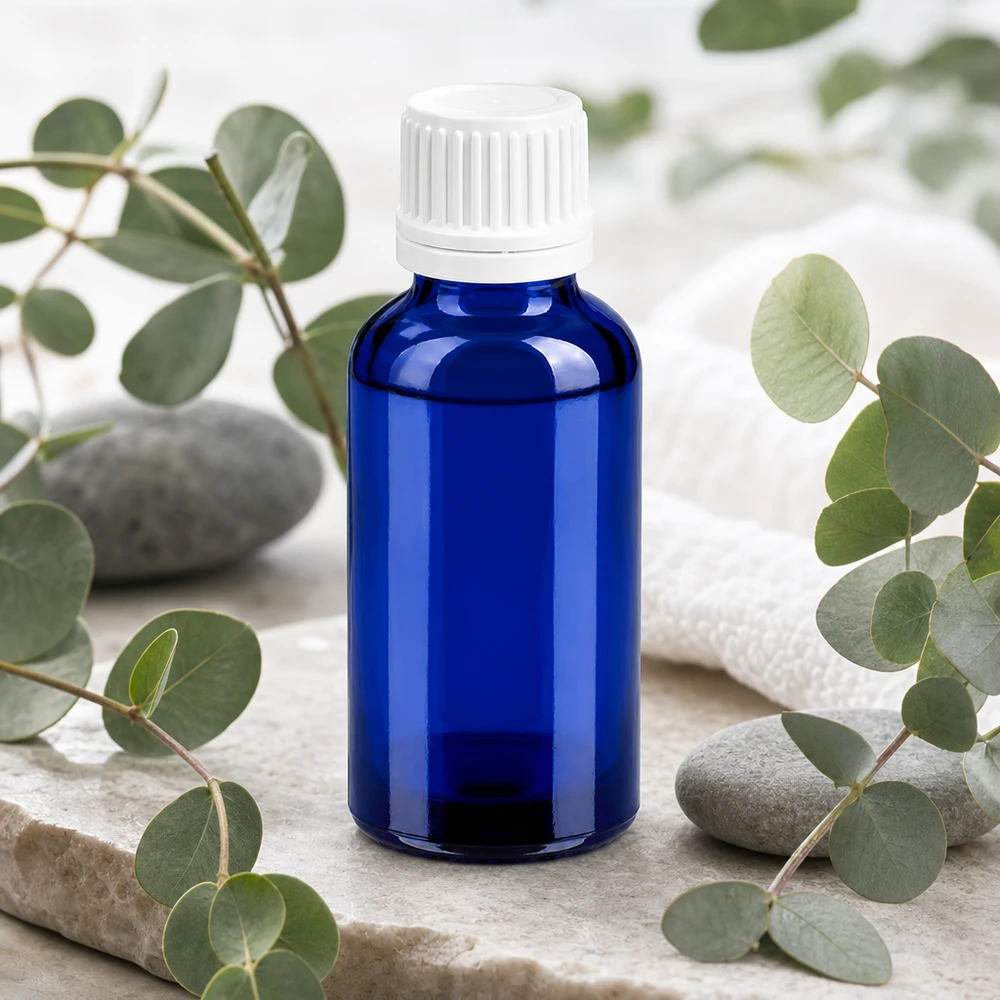 Bottiglia da 30ml 11mm SV bianco OV BlueLine UT18/30 Flacone in vetro per farmacisti da 30 ml in blu con tappo bianco per applicazioni farmaceutiche