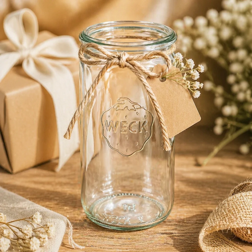 Vaso cilindrico WECK 340ml RR60 in regalo, decorato con corda di iuta e ciondolo in una scena decorativa rustica