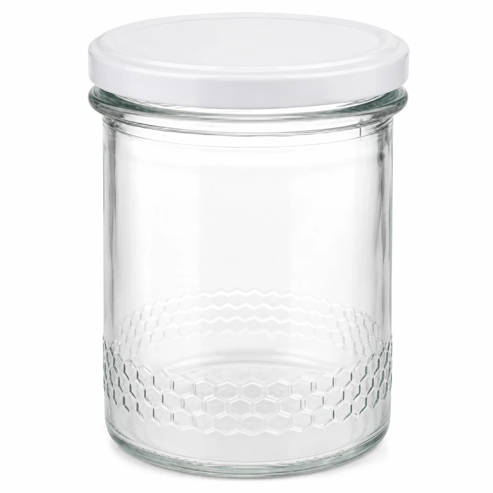 Vasetto per miele da 560 g con capsula bianca BasicSeal UNiTWIST Vasetto per miele da 400 ml con coperchio BasicSeal bianco Vasetto trasparente del sistema UNiTWIST con motivo a nido d'ape alla base