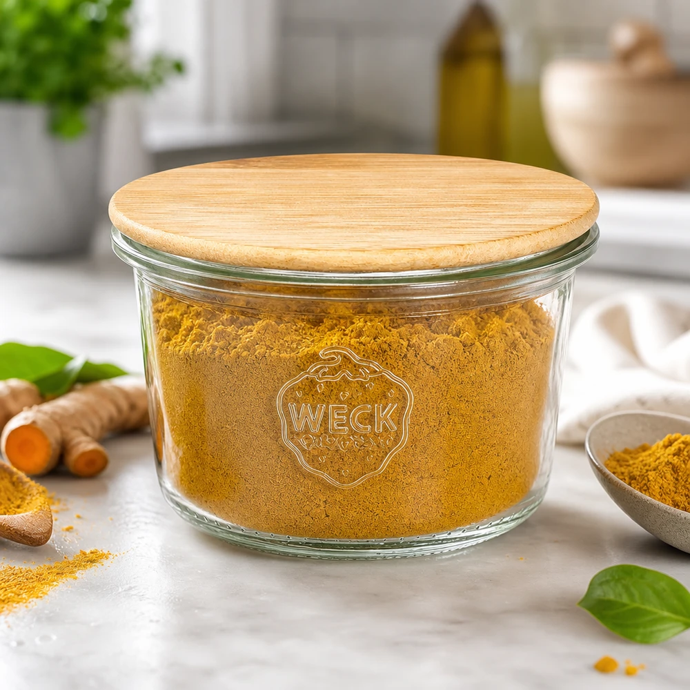 WECK tumbler 80ml RR60 con coperchio in bambù riempito con curcuma spezia in cucina moderna con radici fresche