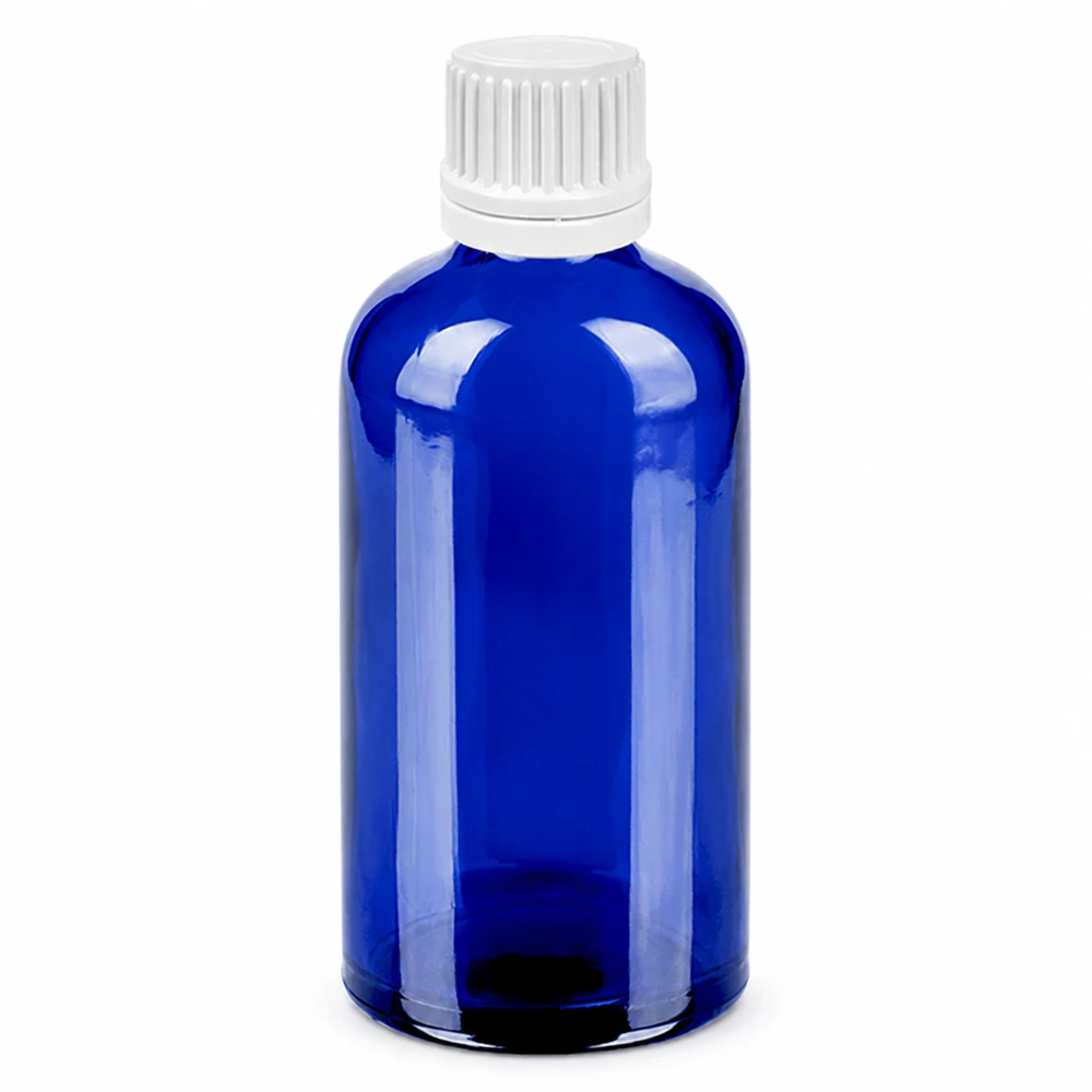 Flacone contagocce da 100 ml 0,7 mm bianco OV BlueLine UT18/100 Flacone in vetro blu da 100 ml con tappo contagocce bianco e apertura di 0,7 mm per un dosaggio preciso.