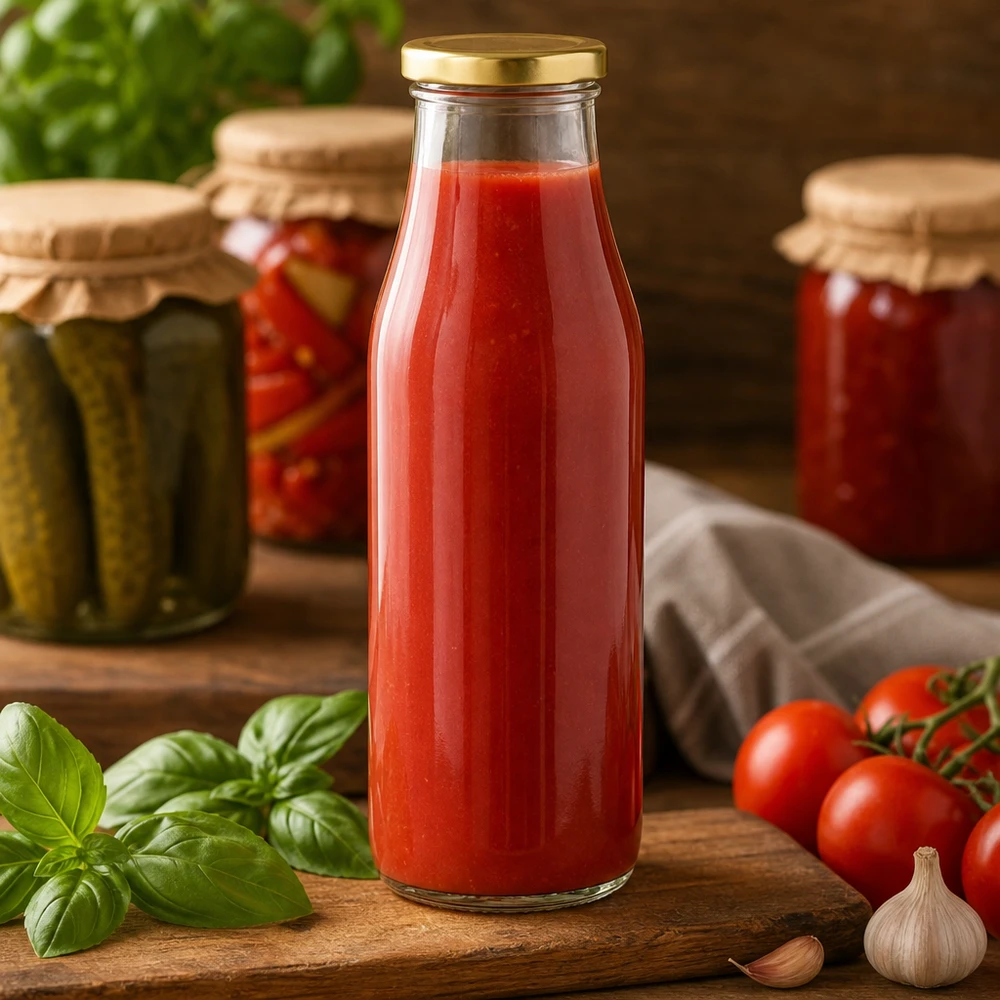 Bottiglia di vetro da 500 ml + coperchio BasicSeal oro UN.. 500ml Glasflasche mit Tomatensaft gefüllt zeigt praktische Verwendung für hausgemachte Säfte und Konserven