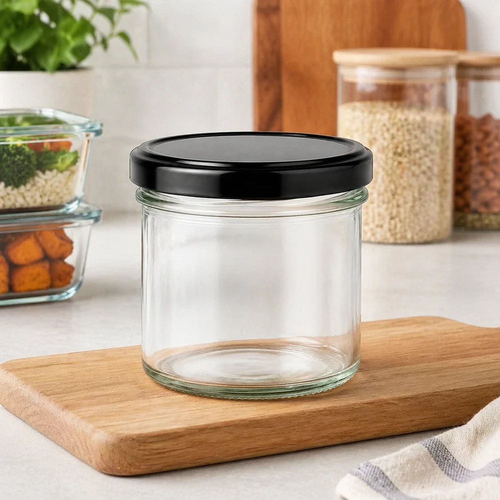 Bicchieri da 125 ml con coperchio BasicSeal nero UNiTWIST. Vaso da 125 ml con coperchio nero BasicSeal vuoto su tavoletta di legno Ambiente cucina Vaso per la conservazione Vaso per le conserve