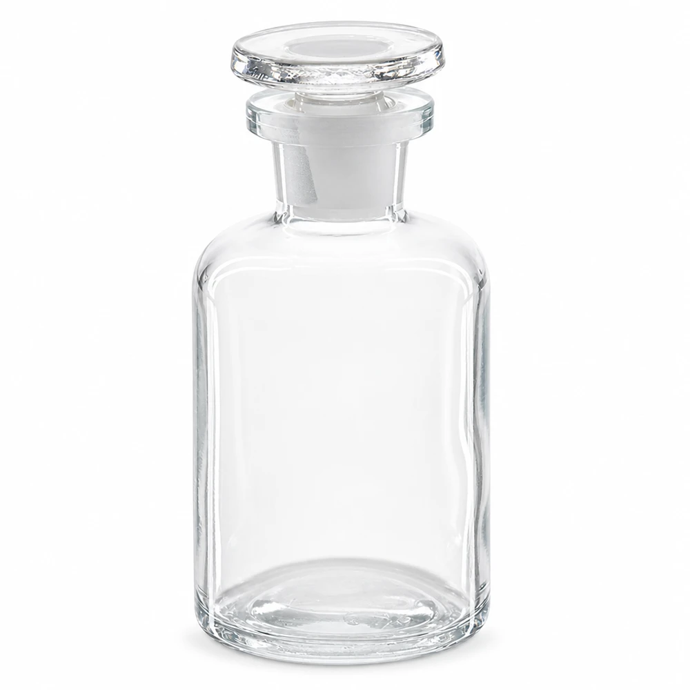Bottiglia a spalla tonda 50ml trasparente collo stretto tappo in vetro Fiaschetta a spalla arrotondata da 50 ml, trasparente, con tappo in vetro e collo stretto, per laboratorio e farmacia