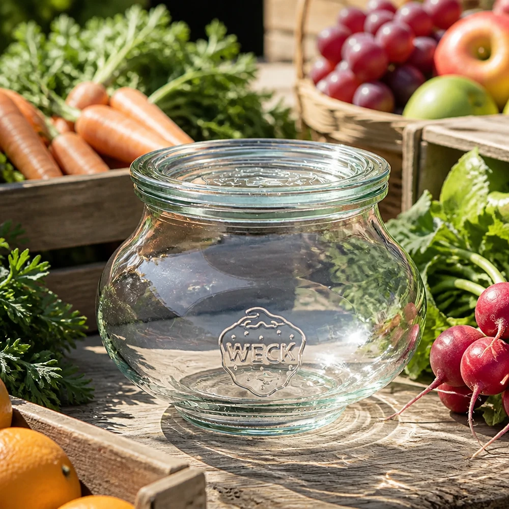 WECK vaso decorativo 560ml RR80 con coperchio in vetro trasparente tra verdure fresche carote ravanelli e frutta