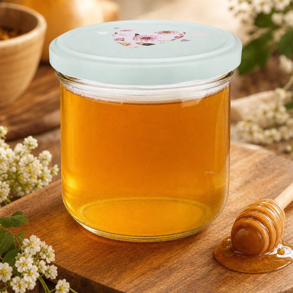 260ml tumbler + BasicSeal coperchio cuore menta UNiTWIST Vaso da 260 ml pieno di miele, coperchio BasicSeal verde menta con motivo a cuore, cucchiaio da miele e fiori come decorazione.