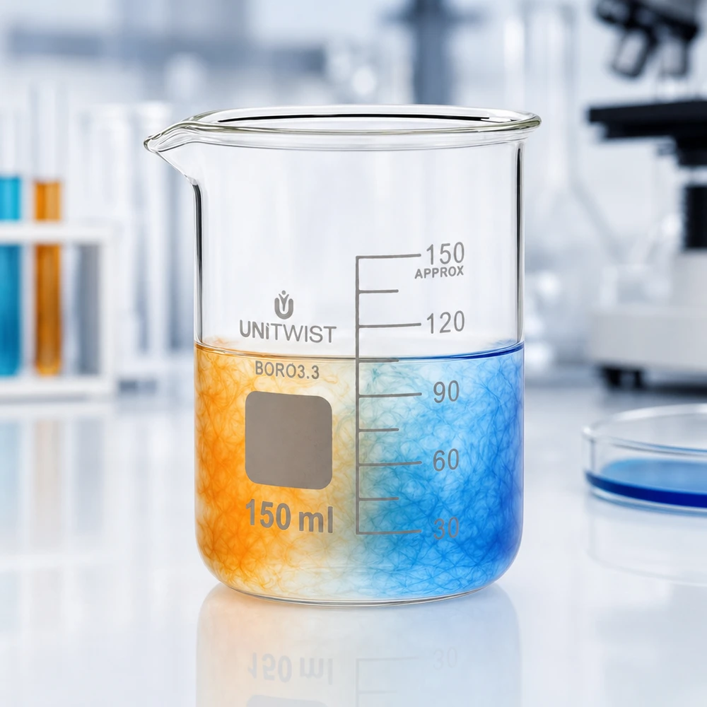 Bicchiere UNiTwist da 150 ml, forma bassa, borosilicato 3.3 con miscela di colori arancione e blu