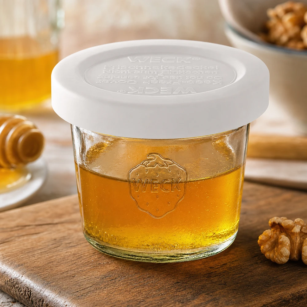 Bicchieri da 35 ml con coperchio salvafreschezza WECK RR40 WECK 35ml RR40 tumbler riempiti di miele e coperchio bianco, decorati con noci su una base di legno