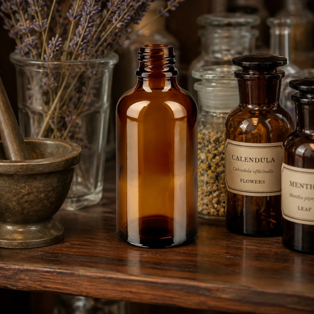 Flacone farmaceutico marrone da 50 ml ApoGlas Flacone da 50ml marrone da farmacia ApoGlas tra vasi di calendula e lavanda in un laboratorio tradizionale di erbe medicinali