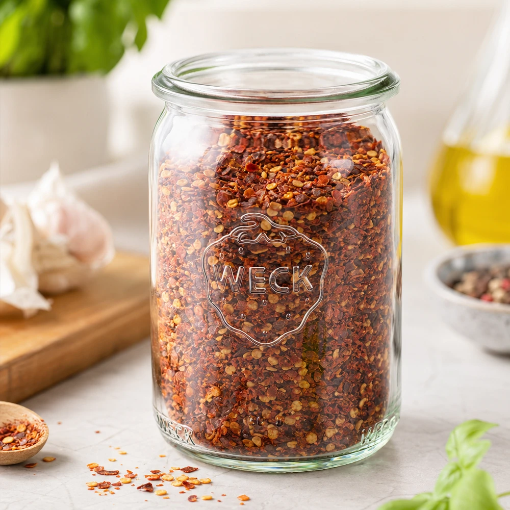 Barattolo WECK RR40 da 145 ml riempito con fiocchi di peperoncino rosso su un piano di lavoro bianco con aglio e olio